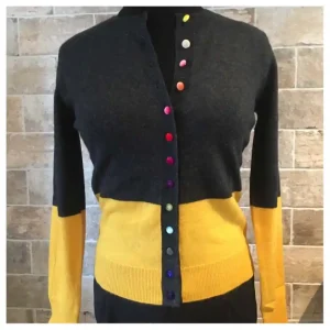 Cardigan i cashmere-ull, koksgrå og gul